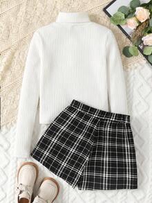 SHEIN 青少年女孩修身休閒極簡舒適高領套頭T恤與格紋秋季裙套裝 - 白色 - 查看 2
