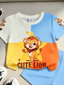 SHEIN Playful Pals 可愛男嬰2件組夏季套裝(6M-3Y)! 卡通T恤&短褲，適合拍照、節慶&禮物 - 杏色 - 查看 4
