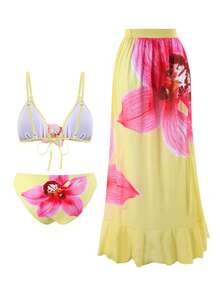Swim SXY 夏季海灘女款三件式泳衣套裝，粉色定位蘭花印花，仿真花飾，掛脖上衣，比基尼泳褲，美人魚長裙，性感泳裝套裝 - 淡黃色 - 查看 5
