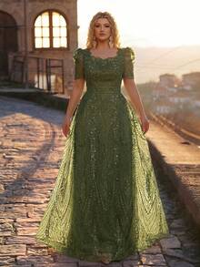 Glamrae Plus Size Elegant Romantic Champagne Square Neck Short Sleeve Sheer Rhinestone & Pearl Embellished A-Line Evening Gown For Wedding Party Celebration Formal Occasion Event (Intricate Design) - Army Green - View 5