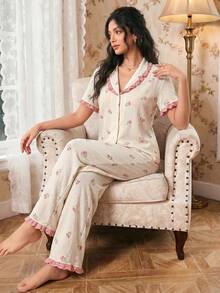 Modelyn Conjunto de pijama de mujer con estampado floral y cuello en forma de corazón, esplendor floral abundante de temporada navideña, detalles acogedores y elegantes - Albaricoque - Ver 7