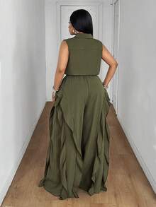 Maweii Plus Size Lapel Button Sleeveless Ruffle Loose Jumpsuit Suitable For Daily Wear - Army Green - View 2