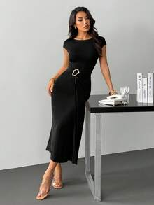 SHEIN PETITE 夏秋冬季杏色亮片冰絲圓領短袖流行時尚金屬裝飾修身長款女裝洋裝，適合嬌小女性 - 黑色 - 查看 5