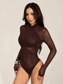 SHEIN PETITE 女款性感素色網格包身連身衣，透視長袖上衣，長袖網格上衣，黑色透視上衣，黑色網格上衣，秋季，黑色連身衣 - 咖啡棕 - 查看 5