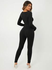 SHEIN SXY Spring Scoop Neck Black Long Sleeve Bodysuit Jumpsuit - Black - View 3