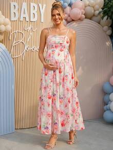 Loomaby Pregnant Women Summer Elegant Floral Print Spaghetti Strap Dress,Gender Reveal Dress,Maternity Dress,Baby Shower Dress - Red - View 6