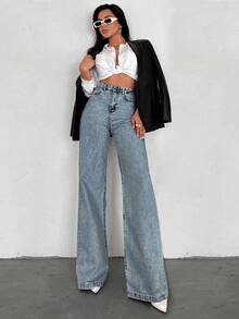 SHEIN بنطلون جينز مقاس كبير بخصر عالي أسلوب كاجوال أزرق فاتح غسيل الثلج قصة عادية أزرار أمامية أرجل واسعة - أزرق فاتح - مشاهدة 5
