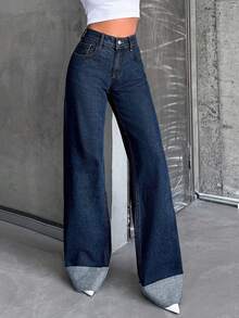 SHEIN Cottnline Women Plus Size High Waist Folded Hem Wide Leg Casual Denim Jeans Navy Blue Summer Formal Going Out - Dark Wash - View 5