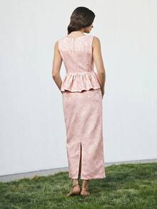 Ontre 2026SS 春夏新款女式兩件套，女式裙襬上衣提花面料荷葉邊背心上衣與裙子優雅套裝，日、都市現代、極簡時尚通勤、女式優雅套裝 - 淺粉色 - 查看 6