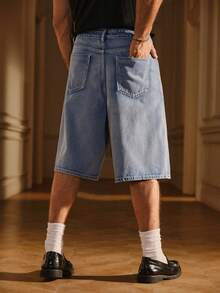 SIGLOCORE Men's Fashion Streetwear Pocket Button Denim Shorts - Blue - View 2