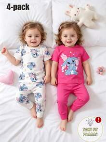 4pcs/Set Baby Girl Short Sleeve Long Pants Pink & White Knit Round Neck Rabbit & Puppy Cartoon Pattern Cute Fitted Casual Minimalist Comfortable Soft High Elasticity Loungewear Summer - Hot Pink - View 4