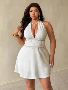 Auralis Deep V-Neck Plus Size Fitted Waist A-Line Bohemian Resort Mini Dress/Plus Size Dress/Backless - Apricot - View 8
