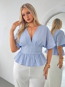 Auralis Light Blue Striped Textured Crepe Drop Shoulder Plus Size Women's Shirt/Back Elastic Waist Ruffle Hem Top/Casual Daily Wear Summer - Blue - View 3