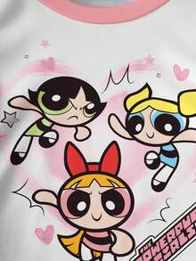 THE POWERPUFF GIRLS X SHEIN Camiseta casual de manga corta con cuello redondo y estampado de letras de dibujos animados para niña bebé - Blanco - Ver 4
