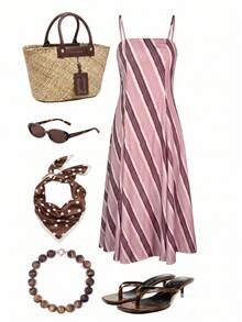 Serisse Women's Striped Pattern Spaghetti Strap A-Line Midi Dress - Pink - View 9