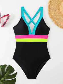 SHEIN Swim 女款對比色交叉綁帶式一件式夏季海灘泳衣 - 彩色 - 查看 4