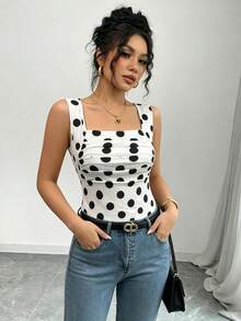 Rafferiza Women's Polka Dot Pleated Casual Versatile Daily Wear Top - Black and White - View 5