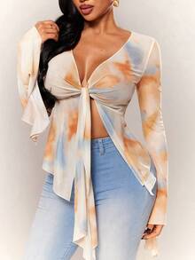 Radiana Women's Autumn Sexy Elegant Chic Sheer Mesh Print Long Sleeve Top, Sexy V-Neck Top, Flare Sleeve Top, Flowy Mesh Top, Front Tie Closure Ruffle Hem Top, Elegant Top, Casual Top, Fashion Casual Sexy Tie-Dye Print Sheer Mesh Flare Sleeve Top, Tie Top, Suitable For Daily Casual Outings, Dates, Gatherings, Parties, Music Festivals, Vacations, Beaches, Holidays, Concerts, Carnival Parties, Versatile Top - Multicolor - View 4