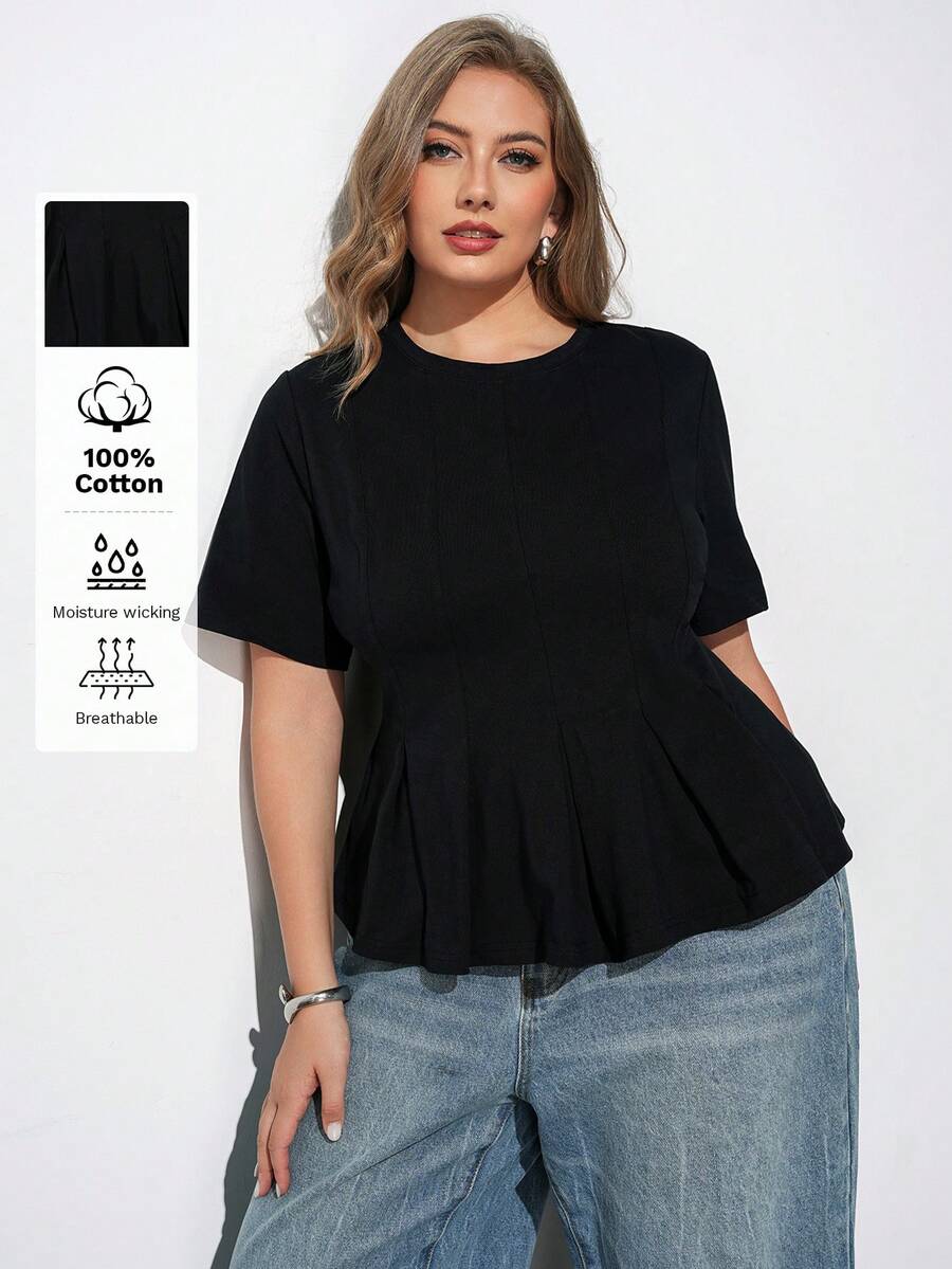 Maija Plus Size Black Round Neck Short Sleeve Fitted Top Ruffle Hem Elegant Smart Soft Form Casual Office Formal Formal Vacation Brunch Summer Halloween