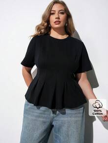 Maija Plus Size Black Round Neck Short Sleeve Fitted Top Ruffle Hem Elegant Smart Soft Form Casual Office Formal Formal Vacation Brunch Summer Halloween - Black - View 8