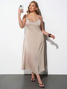 Maija Plus Size Champagne Cowl Neck Spaghetti Strap Metal Buckle Fitted Flared Satin Sateen Slip Dress, Modern Vacation Casual Low-Key Old Money Style Luxury Cruise Wear, Middle East Minimalist Quiet Luxury Textured Essential Outfit, Fashion Business Casual Urban Women's Office Wear, City Commute High Quality Airport Outfit, All Season Versatile Vacation Clothing - Apricot - View 6