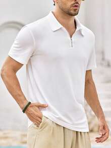 Mercer Haus Men's Casual Solid Color Zipper Short Sleeve T-Shirt, Summer - White - View 7