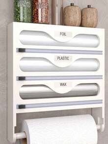 1 Roll Bamboo Cling Film Dispenser With Aluminum Foil Dispenser And Paper Towel Holder Space Saving Kitchen Wrap Organizer Rack For Kitchen Counter Drawer Back To School Season Durable Rust Proof Easy Cut Slider - Multicolor - View 18