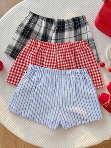 Comfortcana Setelan 3 Potong Celana Pendek Kasual Musim Panas Wanita Motif Kotak-kotak & Garis-garis - MultiWarna - View 2