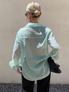 Livesso Women's Autumn Mint Green Waist Tie Loose Fit Vacation Style Casual Sexy Beach Vacation Shirt - Green - View 2
