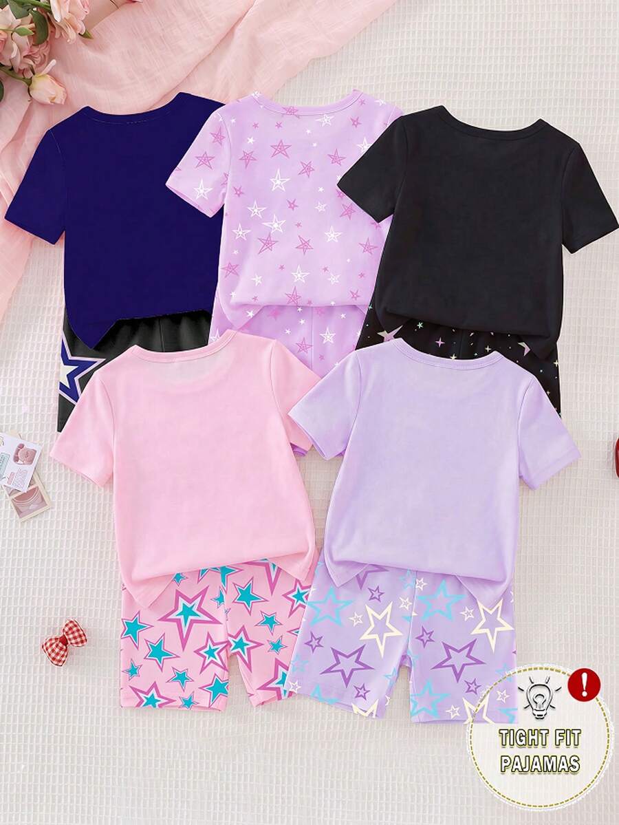 [2 Sets Random] 2pcs Tween Girls Short Sleeve & Shorts Snug Fit Pajamas Multicolor Cute Pop Girl Graphic Print Summer Soft High Stretch Knit - Multicolor - View 1