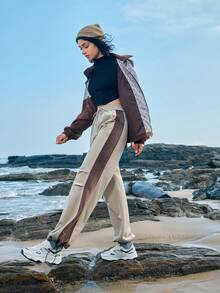 WanderVale Pantalon de sport d'extérieur pour femmes avec imprimé lettres et taille à cordon de serrage - Kaki - Voir 4