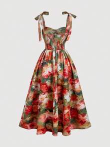 SHEIN MOD Abito midi da donna con stampa a pittura a olio, vita alta e orlo a ombrello - Multicolore - Visualizzare 4
