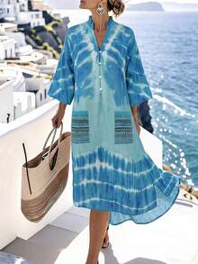 SHEIN Holidaya Women's Green Tie-Dye Casual Vacation Dress - Green - View 4