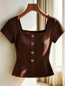 Franclia Plus Size Women's Metal Flower Button Design Short Sleeve Fashion T-Shirt - Coffee Brown - View 6
