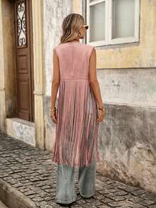 Brillora Chaleco abrigo con detalle de tachuelas y dobladillo con flecos para otoño/invierno - Rosa - Ver 2