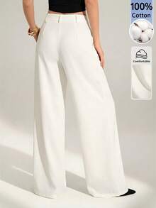 SHEIN Tall 老錢風性感商務休閒高腰百褶寬腿褲－優雅素色寬鬆長褲，專業辦公室穿搭，時尚剪裁女款工作褲，100%純棉舒適日常穿著 - 白色 - 查看 2