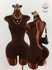 Amplova Women's Solid Color Round Neck Casual Tank Top Style Fitted Romper - Brown - View 12