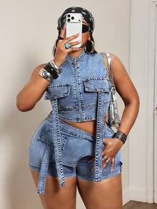 Slaydiva Summer New Arrival Zipper Closure Slim Fit Denim Jacket - Blue - View 6