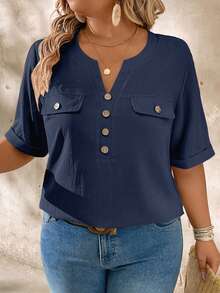 EMERY ROSE Casual Daily Notch Neck Wood Button Decor Short Sleeve Plus Size Shirt - Navy Blue - View 4