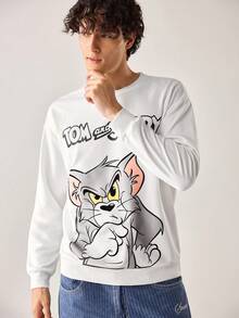 Strevion TOM & JERRY 男士休闲 Thinking Tom 字母印花圆领长袖卫衣，春秋季 - 白色 - 查看 5