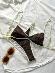 SHEIN Swim 女款兩件式泳衣套裝，特殊布料拼接，後背繫帶設計，夏季度假海灘派對穿著，棕色條紋性感款 - 彩色 - 查看 4