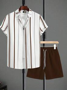 Manfinity Homme 2pcs Men's Vertical Striped Short Sleeve Shirt And Shorts Set, Summer, Cozy Outfits - Coffee Brown - View 1
