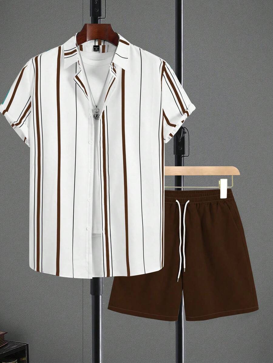 Manfinity Homme 2pcs Men's Vertical Striped Short Sleeve Shirt And Shorts Set, Summer, Cozy Outfits - Coffee Brown - View 1