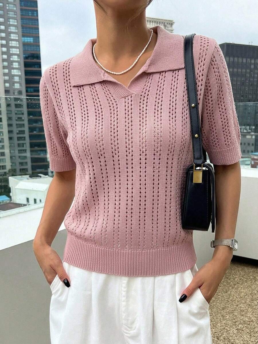 DAZY 條紋 Polo 領短袖休閒春夏季女款針織上衣 - 粉色 - 查看 1
