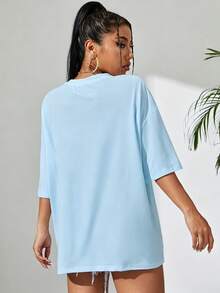 Sundraya Camiseta de hombros caídos de cuello redondo - Celeste - Ver 2