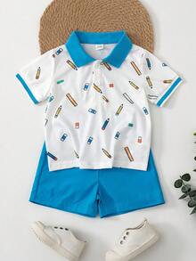 SHEIN 幼童男童夏季休閒兩件套，包含棕櫚樹與船隻印花領子 Polo 衫及彈性腰圍短褲，時尚舒適，適合 6 個月至 3 歲男童，適合日常穿著、戶外活動及返校 - 藍色 - 查看 5
