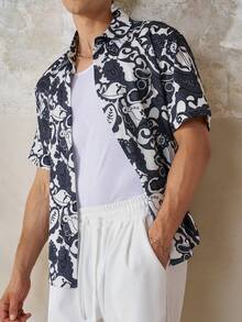TONEVAULT TOPS Summer Festival Men's Floral Paisley Shirt Streetwear Tropical Vacation Navy And White - Multicolor - View 7