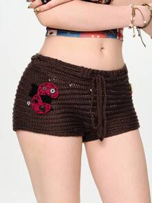 ROMWE Fairycore Cute Ladybug Print Shorts, Women Knit Pants, Spring/Summer - Brown - View 11