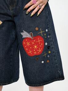 Sweetness Handmade Girls Apple Embroidery Button Decor Low Waist Denim Shorts Women's Jeans - Medium Wash - View 9