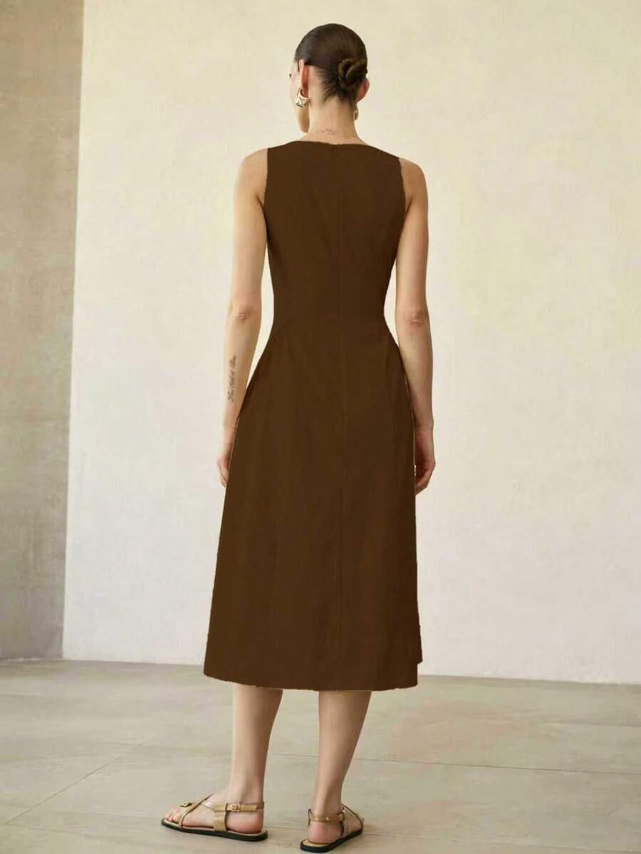 MOTF PREMIUM WOMEN'S SOLID COLOR SLEEVELESS MIDI DRESS - Coffee Brown - View 2